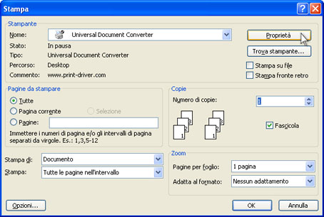 Selezionare Universal Document Converter dalla lista di stampanti e premere il pulsante Proprietà.